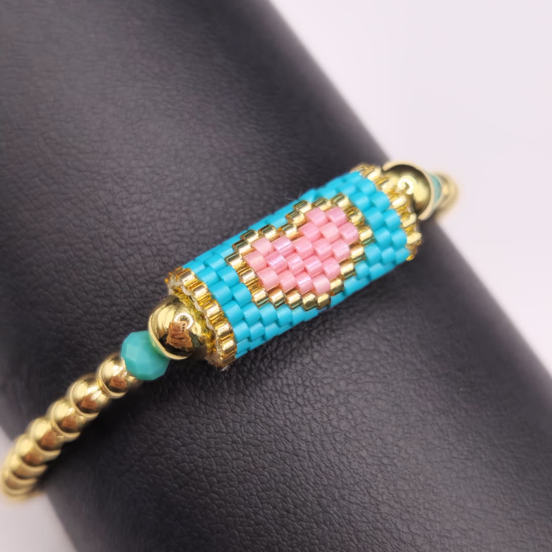 PULSERA DE BALINES CON CORAZON VERDE Y ROSA