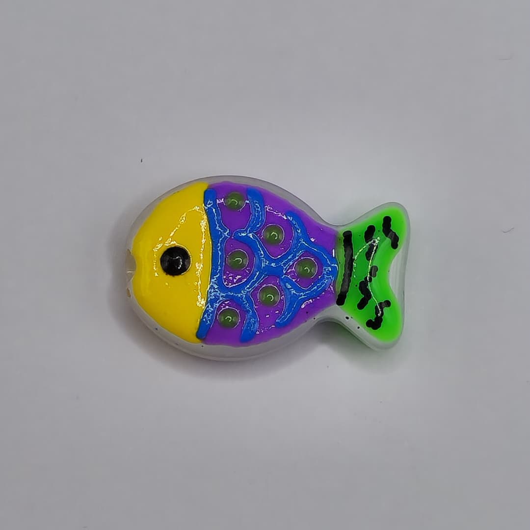 MURANO PASADOR PEZ AMARILLO/MORADO/VERDE CON LINEAS AZULES