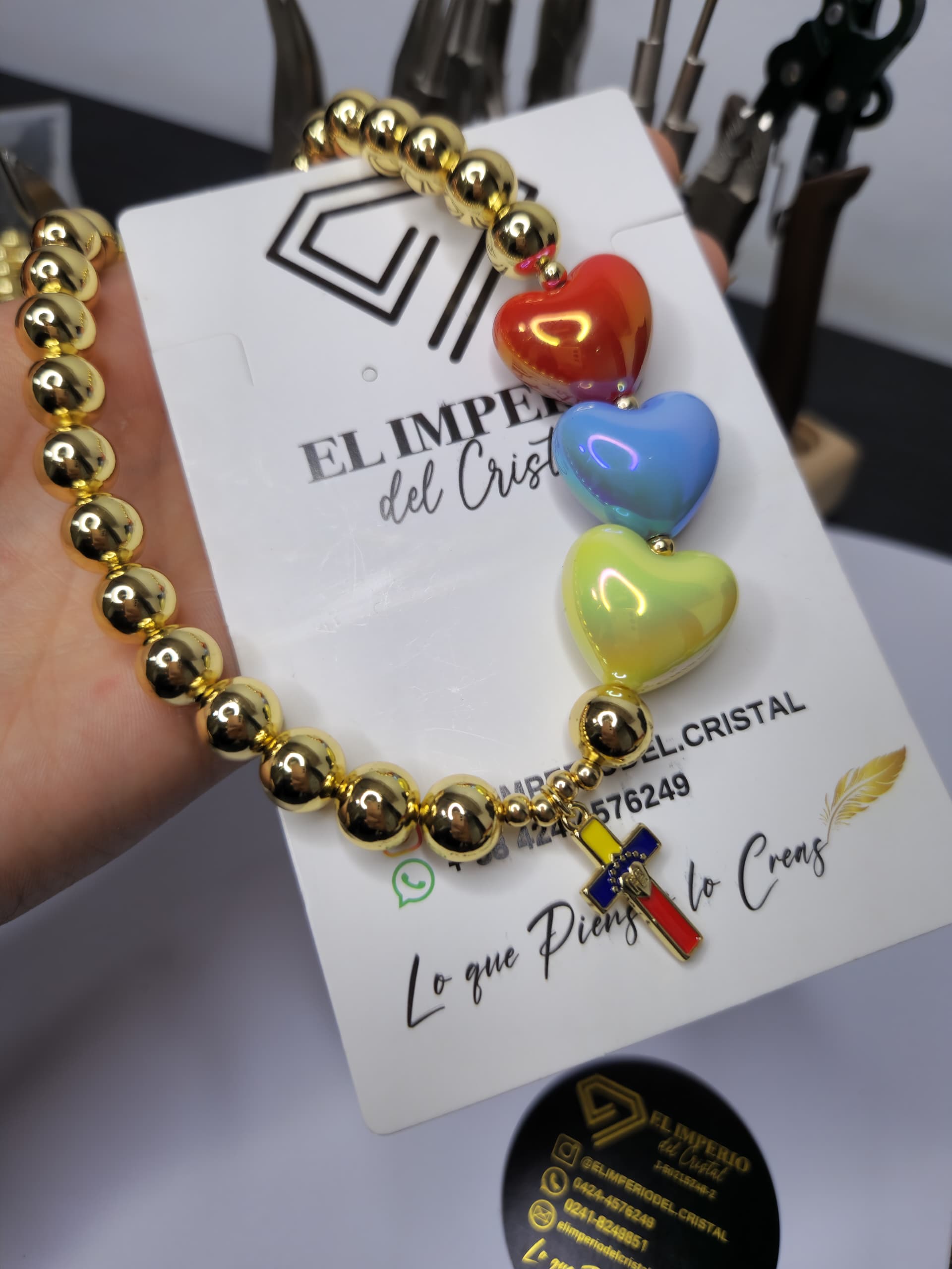 COLLAR BALIN Y CORAZON CON CRUZ TRICOLOR